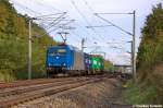 185 522-0 Alpha Trains für ITL Eisenbahn GmbH mit einem Containerzug, bei der Ausfahrt aus dem Bahnhof Nennhausen und fuhr in Richtung Rathenow weiter.