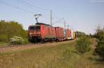 BR 189/339032/189-011-0-db-schenker-rail-deutschland 189 011-0 DB Schenker Rail Deutschland AG mit einem Metrans-Containerzug in Stendal und fuhr in Richtung Salzwedel weiter. 03.05.2014