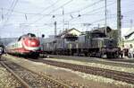 SBB Ce 678 III Nr.13 302 und DB 194 155-8 vor Märklin Sonderzug und 601 See-Alpen-Express in Amstetten am 14.09.1984.