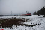 111 024-6 zieht den Abschiedszug Ende der X-Wagen auf der Nürnberger S-Bahn von Altdorf nach Roth bei Winkelhaid.