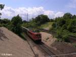 155 091-2 fhrt in Frankfurt/Oder mit ein Containerzug ein.