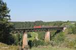 185 226-8 zieht ein gemischen Güterzug über das Viadukt bei Beratzhausen.