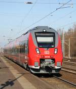 Der neue frische Hamster 442 346-3 als S3 von Rostock Hbf nach Warnemnde bei der Ausfahrt im S-Bahnhof Rostock-Bramow.23.02.2014