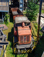 Die ex D V der AG der Dillinger Hüttenwerke (Normalspur – Diesellokomotive 5 /Henschel 29726), eine C-gekuppelte Henschel DH 440 Ca, hier am 01 Juli 2025 als Denkmal ausgestellt im Bereich