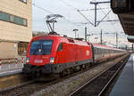   Der EC 112 „Blauer Enzian“ (Klagenfurt Hbf - Salzburg Hbf - München Hbf - Stuttgart Hbf - Frankfurt am Main Hbf) mit Kurswagen des  EC 212 „Mimara“ von Zagreb erreicht