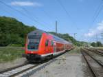 RE 13169 Lietzow-Sassnitz mit Hanseexpress Dostos und 112 104-5 als Zuglok,am 17.Juni 2012,bei der Ausfahrt aus Lietzow.
