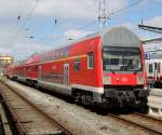 143 843-1(hinten)mit RE 92161 von Rostock Hbf nach Neustrelitz Hbf wurde am 28.04.2013 mit +17 Minuten Versptung bereitgestellt Grund Technische Strung am Zug.