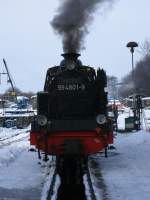 Trotz eisiger Klte mu 99 4801-9 auch im Winter in der Einsatzstelle Putbus auf die Schlackegrube.Aufnahme vom 04.Februar 2012.