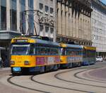 Stra�enbahn / Stadtveerkehr Leipzig; T 4 D-M1 Nr.2119 und eine weitere, sowie ein Anh�nger NB 4 von Bombardier beim Augustusplatz in Leipzig am 23.07.2019.