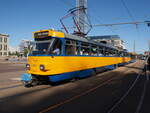 Stra�enbahn / Stadtverkehr Leipzig; T 4 D-M1 Nr.2111 von CKD Tatra Baujahr 1986 und eine weitere T 4 D-M1 und ein Beiwagen NB4 am Augustusplatz in Leipzig am 23.07.2019.