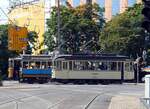 Straßenbahn / Stadtverkehr; Leipzig;    T 2 Nr.1464 von Dessau Baujahr 1925 und T 4 Nr.20 Maximumwagen von Nordwaggon Baujahr 1909 an der Hst Hbf Leipzig am 21.07.2019.