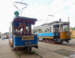 Straßenbahn / Stadtverkehr; Leipzig;    T 2 Nr.1454 von Dessau Baujahr 1925 und T 4 Nr.20 Maximumwagen von Nordwaggon Baujahr 1909 im Tram-Museum Leipzig am 21.07.2019.