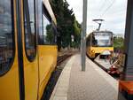 ZT 4 Nr.1003  Helene  von MAN Baujahr 1983 mit Lore Nr.1982 im Eigenbau erstellt von 1986 begegnet in einer Ausweichstelle der  Zacke  ZT 4 Nr.1001 in Degerloch am 09.10.2014.