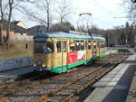 Der Tw 47,von der Rüdersdorfer Straßenbahn,hielt,am 23.Februar 2019,an der letzten Station in Rüdersdorf.