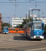Tatra T6 805 und 705(links)waren auf dem Gelnde der Rostocker Straenbahn AG abgestellt.19.09.2014 