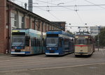 6N1 Wagen 656,665 und Gelenktriebwagen des Typs G4(Wagen 1)waren am Morgen des 15.10.2016 auf dem Betriebshof der Rostocker Straenbahn AG abgestellt.