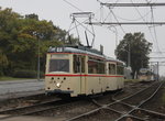 Wagen 46+156 in Hhe der Haltestelle Rostock-Kunsthalle gefolgt von Gelenktriebwagen des Typs G4.(Wagen1) und Tatra T6A2(704)Aufgenommen am 16.10.2016