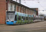 Die 3x bunten 6N2 Wagen hatten am Nachmittag des 01.03.2020 auf dem Betriebshof der Rostocker Straßenbahn AG ihre Ruhe.