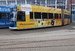 rostock/841372/6n-1-wagen-653-stand-am-morgen 6N-1 Wagen 653 stand am Morgen mit neuer Infocity Werbung auf dem Betriebshof der Rostocker Straßenbahn AG.17.03.2024