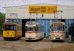 Wagen 26, Gotha Wagen 1 und Tatra T6A2 704 vor dem Depot 12 in Rostock-Marienehe.30.05.2026