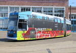 6 N-1 Wagen 668 mit der B�derbahn Molli Werbung stand am 15.08.2026 auf den Betriebshof der Rostocker Stra�enbahn AG.