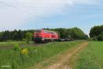 218 261-6 der BahnbauGruppe mit einem leeren Schienenzug bei der Netztrennstelle Bischofsheim in Richtung Rsselsheim.