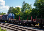 Sechsachsige Drehgestell-Flachwagen mit, mit Einsteck-Rungen, Stirnwandklappen und klappbaren Ladeschwellen, jedoch ohne Seitenwandklappen, 31 80 4861 772-0 D-DB, der Gattung Samms 710, der DB Cargo