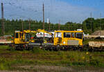Blick am 20 Mai 2025 aus einem Zug auf den Abstellbereich (Schieneninfrastruktur) der Eiffage Infra-Rail GmbH in Herne (ehemals Heitkamp Rail GmbH):   Hier ist das Gleisarbeitsfahrzeug 99 80 9150