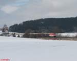 223 031 zieht bei Lengenfeld den Holzzug Schirnding - Deggendorf.