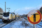 146 539-2 verlässt am 19.01.2024 den Tostedter Bahnhof und macht sich auf den Weg nach Hamburg.