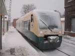Immer mehr Schnee auf der Frontscheibe vom PRESS VT650 032 am 02.Dezember 2010 in Bergen/Rgen.