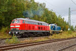 Die 218 191-5 (92 80 1218 191-5 D-MZE) der MZE - Manuel Zimmermann Eisenbahndienstleistungen, Hellenhahn-Schellenberg (Ww), ex DB 218 191-5, mit der  V 90 - 295 095-4 (98 80 3295 095-4 D-MZE) der