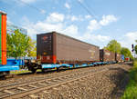 8-achsiger Niederflur-Containertragwagen (Megafret) 33 68 4909 949-2 D-AAEC der Gattung Sffggmrrss 40 der AAE Cargo AG (heute zur VTG), beladen mit zwei 40‘ Containern, am 30.04.2019 im