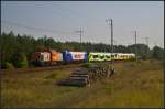hvle V 160.8 / 203 616-8 mit einer �berf�hrung am 17.09.2014 durch die Berliner Wuhlheide zur InnoTrans 2014: vorne die von Pesa gebaute E6ACT-008 / 3 160 415-8, dahinter 222M-001 / 2 720 073 und am Ende 36WEa-011A