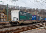 Vierachsiger Drehgestell-Taschenwagen fr den Transport von Sattelaufliegern (CargoBeamer JetModule Sdkmss) der Gattung Sdkmss (37 80 4793 028-4 D-CBRS) der Cargo Beamer RollingStock GmbH, am