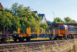 Leerer vierachsiger Drehgestell-Flachwagen mit Doppelrungen, 37 84 4616 781-9 NL-ORME, der Gattung Smnps, Bauart 193-4, der On Rail Gesellschaft für Eisenbahnausrüstung und Zubehör mbH