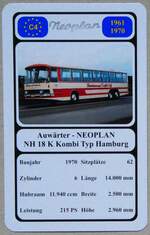 (279'130) - Quartett-Spielkarte mit Auw�rter - NEOPLAN NH 18 K Kombi Typ Hamburg von 1970 am 17.