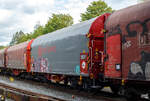 Vierachsiger Drehgestell-Flachwagen mit verschiebbarem Planenverdeck und Lademulden für Coil-/Spaltbandtransporte, 33 87 4669 611-5 F-ERSA der Gattung Shimmns, der französischen