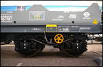 InnoTrans 2016 in Berlin: Drehgestell und Beschriftungen am Muldenwagen f�r hei�e Coils der Gattung Shmmns von Orval.