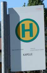 (280'571) - �BB-POSTBUS/TIROLER ZUGSPITZBAHN-Haltestellenschild - Rinnen, Kapelle - am 19.