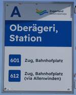 (269'085) - Zugerland Verkehrsbetriebe-Haltestellenschild - Ober�geri, Station - am 9.