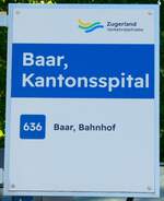 (279'393) - Zugerland Verkehrsbetriebe-Haltestellenschild - Baar, Kantonsspital - am 26.