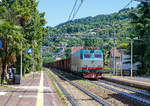 Die  Tiger  E.652 055 (91 83 2652 055-1 I-TI) der Trenitalia rauscht am 20.06.2016 mit einem Ganzgüterzug bestenhend aus Wagen Gattung Eaos durch den Stresa in Richtung Domodossola.