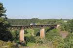 1216 953-0 überquert bei Beratzhausen das Viadukt mit einem leeren Containerzug.