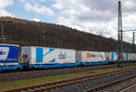 Sechsachsiger Gelenk-Taschenwagen (Doppeltaschenwagen Typ T3000e in Gelenkbauart) der Gattung Sdggmrss (37 84 4956 029-1 NL-EUWAG) des polnischen Wagonvermieters EUROWAGON Sp.