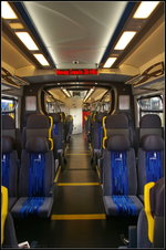 InnoTrans 2016 in Berlin: Die Triebz�ge tragen nicht nur au�en das Logo der Woiwodschaft in der sie eingesetzt werden, auch die Sitzbez�ge zieren das Logo. Beim 36WEa-028A / 2 140 691-8 ist es das der Wojewodztwo Opolskie, wo der Zug eingesetzt wird. So wird der regionale Bezug auch in den Z�gen hergestellt.
