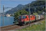 Die SBB Re 420 249-5 mit einem Güterzug vor der Kulisse des Schloss von Chillon und einem Dampfschiff.