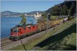 Die SBB Re 4/4 II 11298 mit einem Güterzug kurz vor Villeneuve.