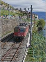 Die SBB Re 420 332-9 mit einem Güterzug bei St-Saphorin auf der Fahrt in Richtung Lausanne.