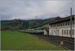 Die BLS Re 4/4 II 501 erreicht mit ihrem RE nach Spiez den Bahnhof von Boltigen.